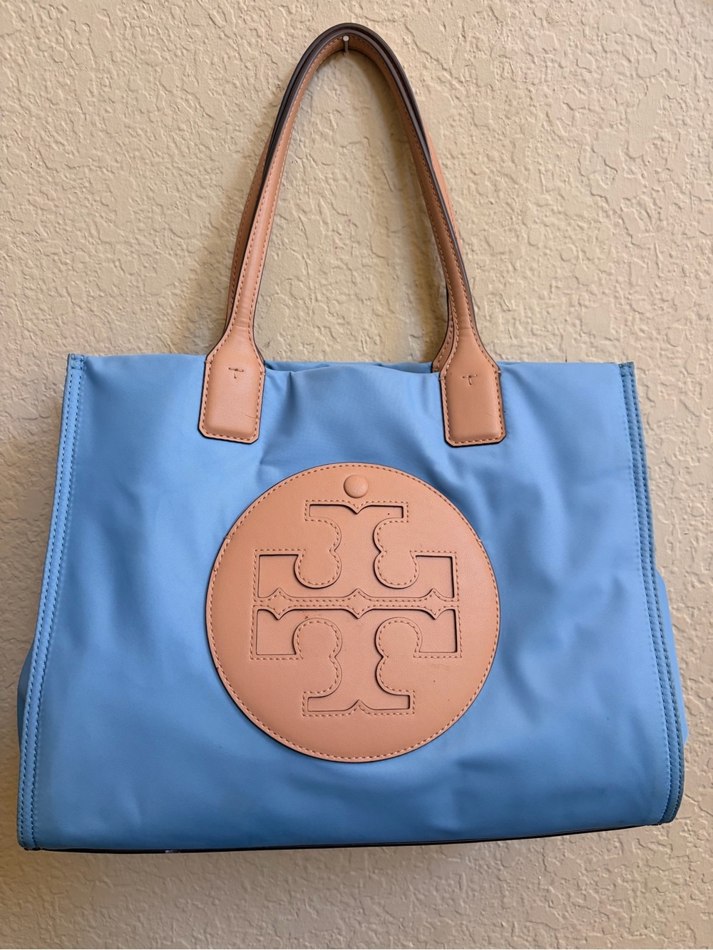 Tory Burch Light Blue Nylon Tote with Tan Leather Trim